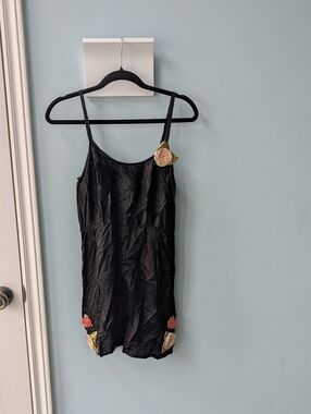 Black Floral-Appliqué 100% Silk Nightie